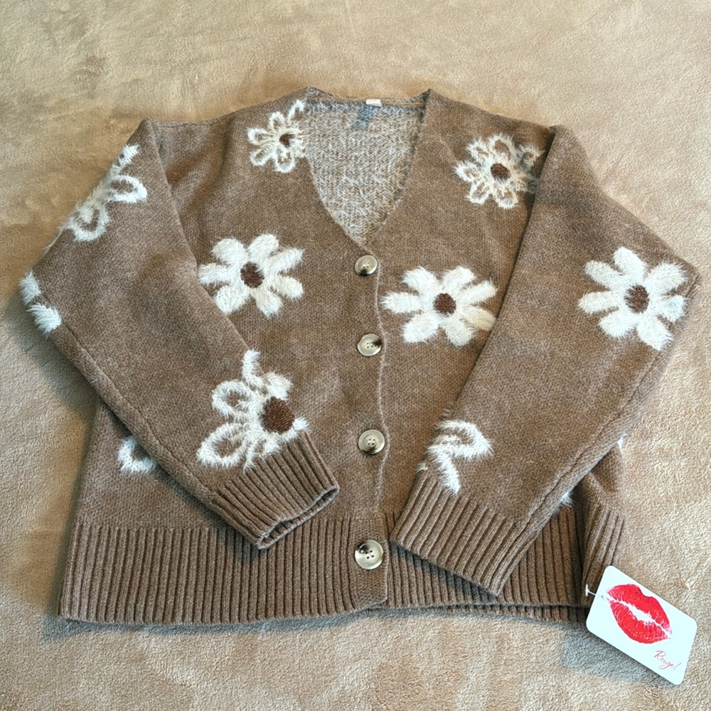 Brown Knit Cardigan/Sweater with Flower Detail. Sz S. NWT - Picture 3 of 8
